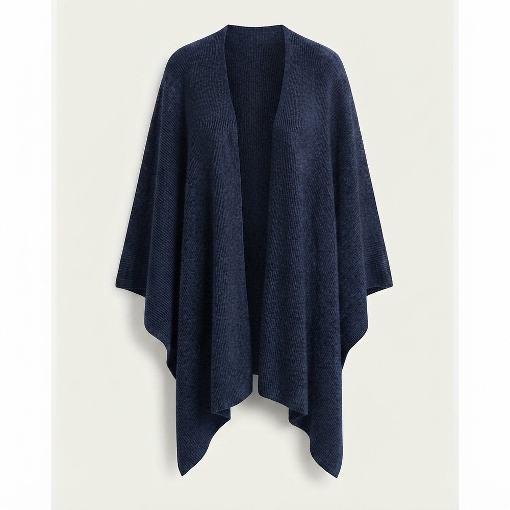 Peruvian Soul Alpaca Navy Knit Shawl Wrap Poncho Cape Ruana w/ Horn Toggle Pin